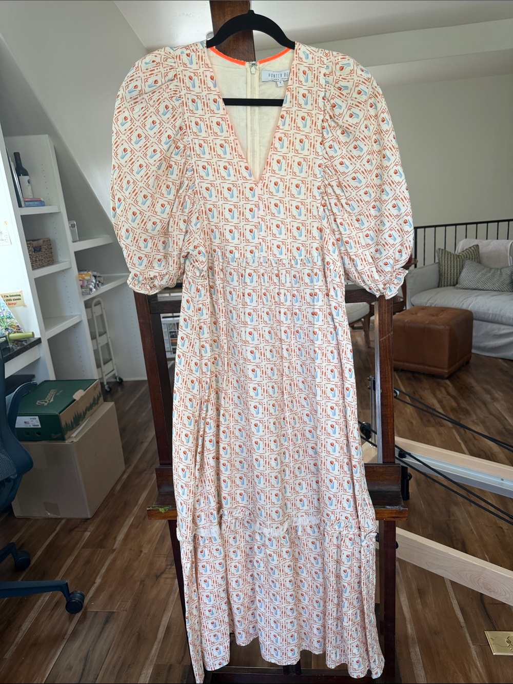HUNTER BELL Cream Maxi Dress with Peach & Light Blue Print